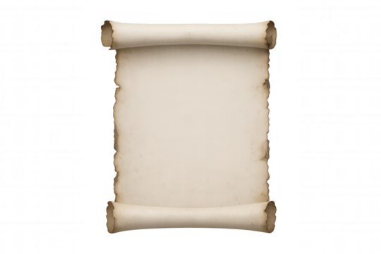 Rolled parchment scroll with burned edges on transparent background, ideal for displaying messages or announcements