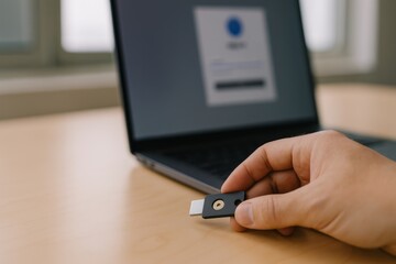 Inserting a USB security key into a laptop for sign in