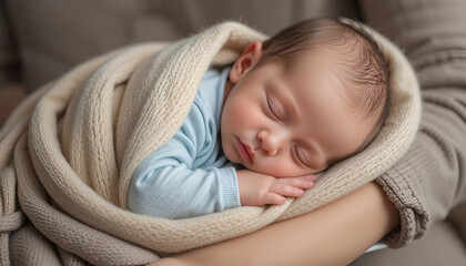 A Newborn Baby Sleeping Peacefully Swaddled in a Blanket, a Heartwarming Close-up Photograph for Themes of Parenthood, Family, and New Life