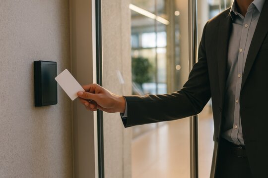 Employee taps an RFID card on a door reader