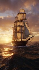 Grand sailing ship at golden sunset