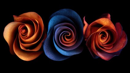 Three vibrant, abstract roses in varying shades of burnt orange, deep blue, and violet,  forming a hypnotic spiral pattern against a stark black background.  Close-up view showcasing intricate details