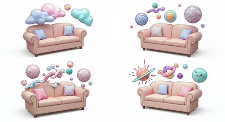 Pastel pink sofa set with abstract objects