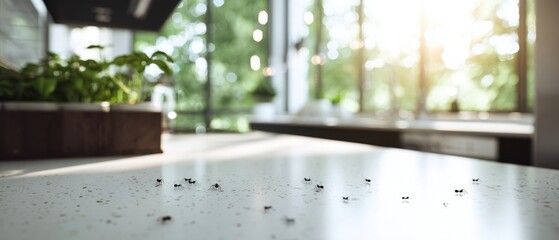 The ants exploring a modern kitchen countertop in natural sunlight
