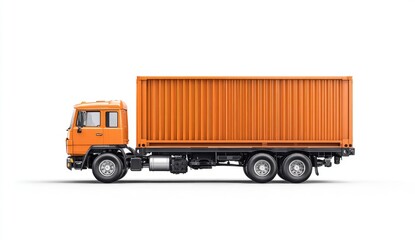 Orange cargo truck, side view, isolated
