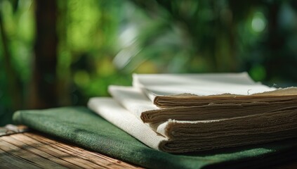 Stack of natural fabric on bamboo table, out-of-focus green background