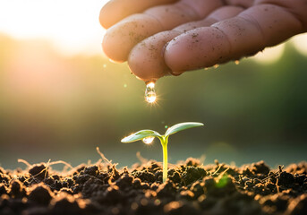 Fototapeta premium Hand Watering Young Seedling in Soil – Growth, Nature and Environmental Care