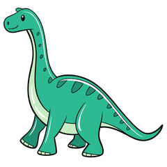 Obraz premium A cute cartoon green dinosaur with a long neck and tail walking happily on a white background
