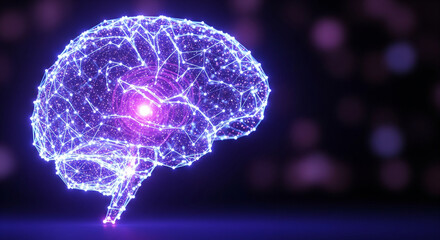 Fototapeta premium 3D render of an abstract human brain composed of light nodes and glowing synapses, representing a neural network.
