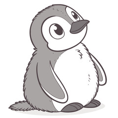 Fototapeta premium Adorable cartoon penguin chick with big eyes looking up curiously against a white background
