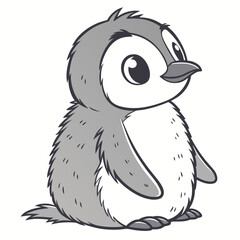 Obraz premium Adorable cartoon penguin chick with fluffy grey feathers and big curious eyes looking to the side