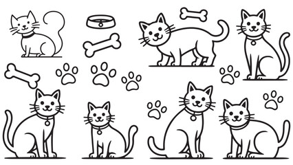 Cute Cat Illustrations: Outline Drawings of Cats, Paws, Bones, and Collars