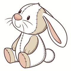 Cute cartoon illustration of a soft plush stuffed bunny rabbit sitting down with stitched details and a pink nose