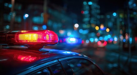 Police cruiser at night, flashing lights. Blurry city lights in the background