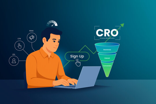 CRO Conversion Rate Optimization, funnel illustration showing awareness, interest, conversion stages with CTR, CPL, ROAS metrics, User using laptop pressing sign up, digital marketing performance