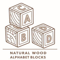 Three natural wood alphabet blocks with letters a b c and d stacked and arranged on a white background