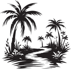 Fototapeta premium Minimalist Sumi-e Style Illustration of Tropical Forest Path wit