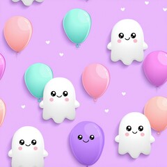 Pastel Halloween Seamless Background with Cute Kawaii Ghosts and Balloons