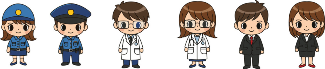 Cartoon Characters of Professionals Including Police, Doctors, and Office Workers – Cute Male and Female Occupation Vector Illustration Set