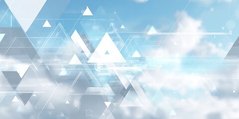 Abstract background with overlapping triangles and light blue sky, suggesting technology and clouds