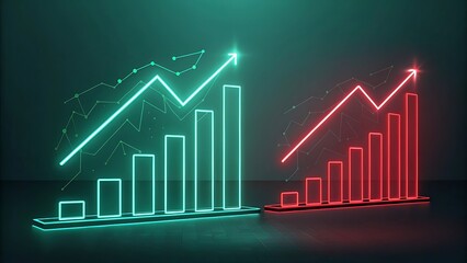 Financial stock market graph with a red background and an arrow pointing up on a business chart illustrating success and profit