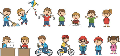 Cartoon kids doing daily activities like biking, reading, cleaning, learning, studying, exercising, and playing with joyful expressions.