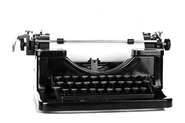 Antique typewriter with blank paper isolated on a transparent background vintage