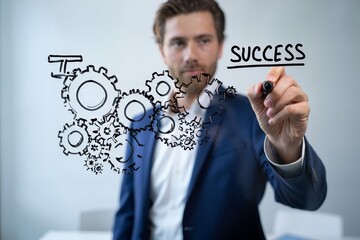 Man drawing gears and the word success on a transparent surface with a marker pen tool