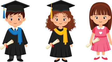 Cartoon Kids Graduation Ceremony with Diploma &ndash; Boy and Girl in Cap and Gown, Cute Education Celebration Vector Illustration