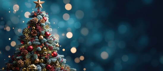 A festive Christmas tree adorned with colorful ornaments stands against a backdrop of teal bokeh lights