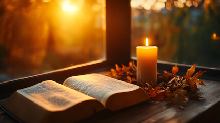 A Thanksgiving prayer altar with a Bible, a candle, and a small autumn wreath, reflecting on the spiritual significance of the holiday.