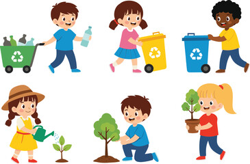 Children Participating in Recycling and Tree Planting Activities for Environmental Awareness, Eco Education, Green Living, and Earth Conservation Efforts