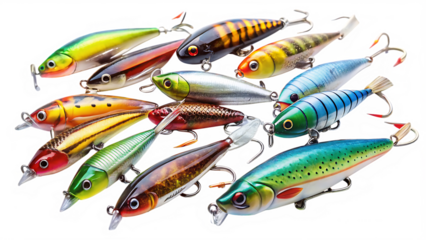 Assortment of Realistic Fishing Lures on Background fishing bait artificial bait isolated on a transparent background