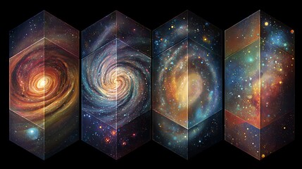 Four panels displaying different galaxy types in a row against a dark background with stars visible