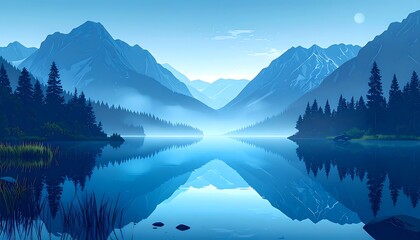 Serene Blue Mountain Lake Landscape Illustration.