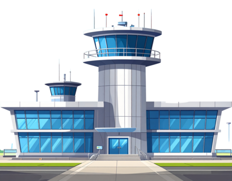 Minimalist Illustration of Airport Control Tower in Daytime, Flat Design Style, Isolated Transparent Background PNG