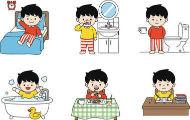 Cute Boy Daily Morning Routine Vector Set Including Waking Up, Brushing Teeth, Bathing, Eating Breakfast, Toilet Use, and Studying.