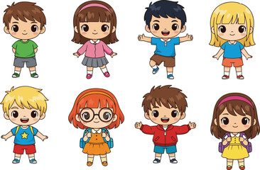 Cute Cartoon Kids Vector Set – Happy Boys and Girls Characters with Backpacks, School Outfits, and Colorful Clothing Illustration