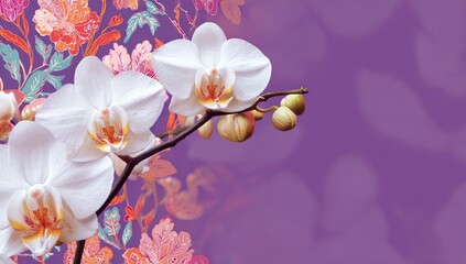 Fototapeta premium Delicate white orchids on a purple background with floral patterns