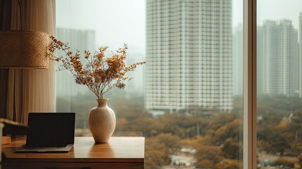 Dried flower arrangement in a ceramic vase on a wooden desk, overlooking city buildings.