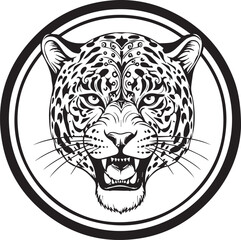 Fototapeta premium Black and White Tribal Jaguar Head Emblem with Open Mouth and Fierce Expression leopard big cat