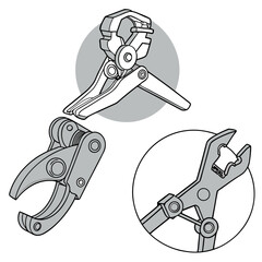 Detailed illustration of three different types of clamps and pliers used for gripping and fastening objects