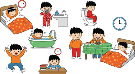 Daily Routine Activities of a Cartoon Boy Vector – Morning, Bath, Toilet, Study, Eating, Sleeping, and Hygiene Illustration Set