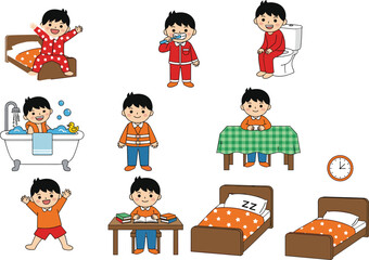 Daily Routine of a Cartoon Boy Waking Up, Brushing Teeth, Bathing, Eating, Studying, and Sleeping Vector Illustration Set.