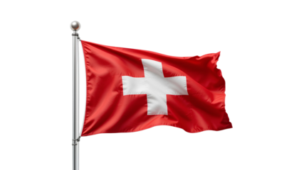Swiss Flag Waving on Silver Pole with Finial – Red Flag with White Cross Isolated Transparent Background