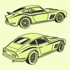 Naklejka premium Stylized line art illustrations of a classic sports car from side and rear angles