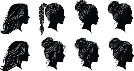 Elegant Female Silhouettes with Stylish Hair Buns and Braids – Woman Profile Vector Set for Hairstyle, Beauty, and Salon Design