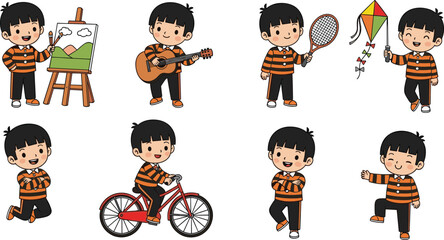 Happy Boy Playing Outdoor Activities Vector Set with Painting, Guitar, Tennis, Kite Flying, Cycling, Dancing, and Fun Cartoon Icons.