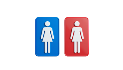 Blue and Red Restroom Signs with Male and Female Symbols – Stylized Man and Woman Figures Isolated Transparent Background
