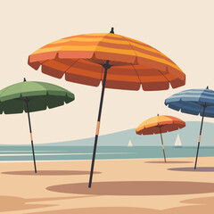 This illustration features colorful beach umbrellas swaying softly in the gentle breeze, set against a tranquil ocean backdrop ideal for summer relaxation vibes.